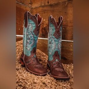 LACY BOOTS Leather Embroidered Brown & Turquoise Western Cowboy Boots SZ 6 $395